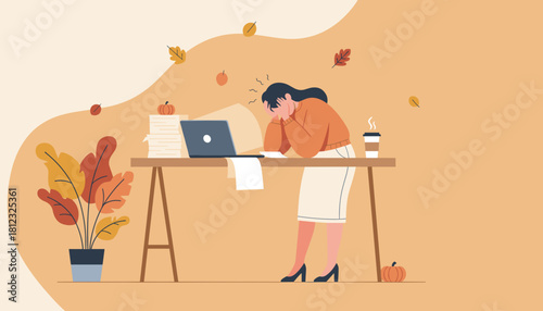 Stressed woman dealing with work burnout and deadline pressure in an autumn setting