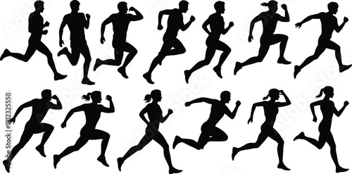 PrintA vector set of running man and woman silhouettes in various dynamic sprinting, jogging, and exercising poses, representing fitness, marathon, and healthy lifestyle.