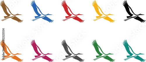 Flying crane icons in multiple colors bird design, Multicolor crane bird flying silhouettes set