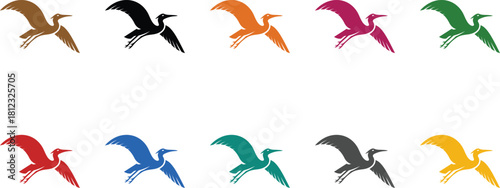 Pterodactyl icons in assorted colors flying design, Multicolor dinosaur flying silhouette set
