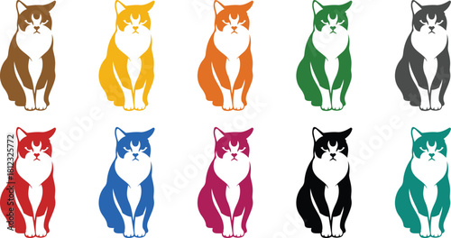 Sitting cat icons with grumpy expressions multicolor, Grumpy cat colored silhouette icons set