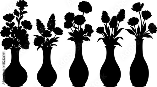 A series of sophisticated black flower vase silhouettes, each showcasing unique floral arrangements, ideal for adding a touch of elegance to any design project
