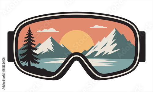 Retro ski goggles reflect a sunlit mountain vista with a coniferous tree foreground