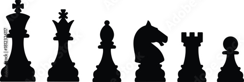 PrintBlack chess piece silhouettes featuring king, queen, bishop, knight, rook, and pawn, strategic board game concept, minimalist design illustration