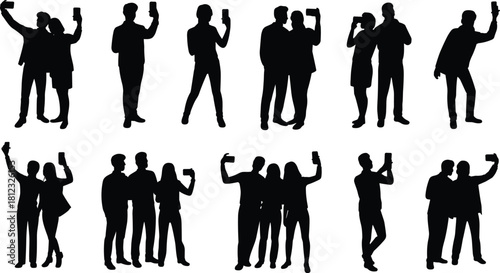 PrintBlack Silhouette Vector Collection of Diverse Young People and Couples Taking Selfies with Mobile Phones and Recording Social Moments