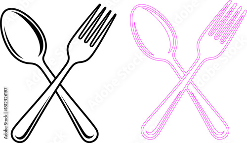 Illustration of a crossed spoon and fork, common cutlery items used for eating, isolated on