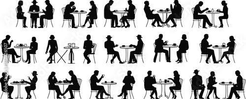 PrintCollection of café silhouettes showing people sitting, talking, drinking coffee, and socializing at tables, representing communication, lifestyle, relaxation, conversation, and leisure