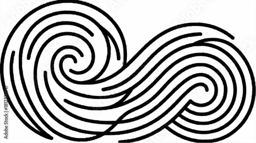 A black and white image depicting a spiral pattern, showcasing intricate curves and lines in a minimalist style