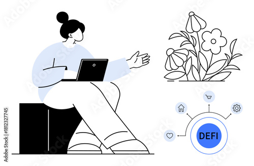 Person with laptop gesturing toward blooming flowers, connected Decentralized Finance DeFi nodes signifying growth, creativity, and digital innovation. Ideal for finance, technology, sustainability