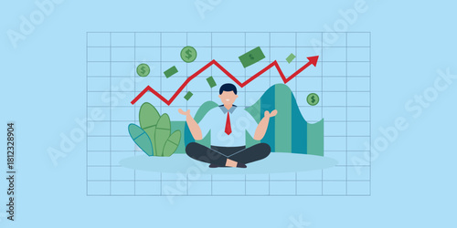 Calm businessman meditating amidst financial growth chart