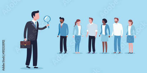 Recruiter examining candidates with magnifying glass