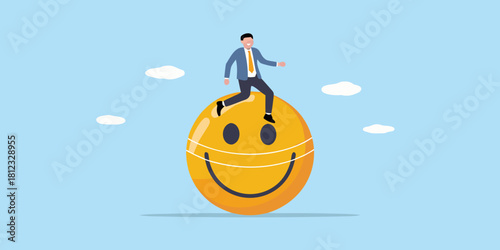Businessman riding a masked smiley face in the sky