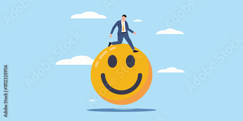 Businessman walking on a giant smiley face in the sky