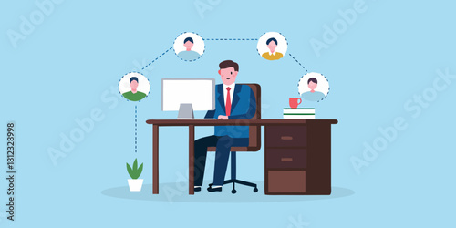 Businessman working remotely with a connected team