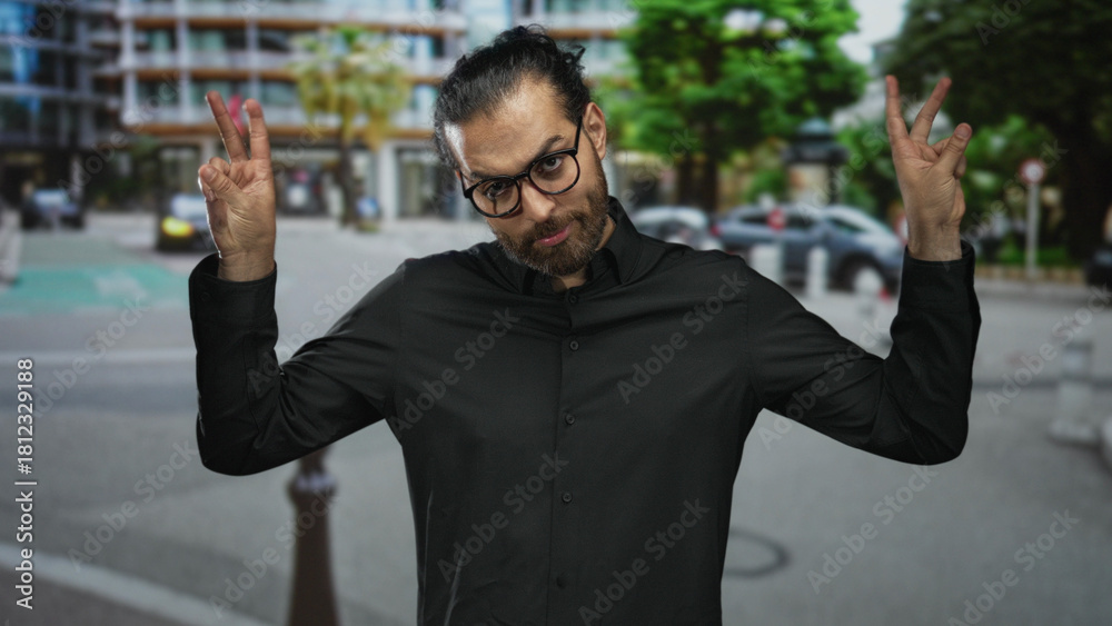 Naklejka premium Man making air quotes with both hands and wearing glasses on a busy city street with buildings and parked cars; playful irony.