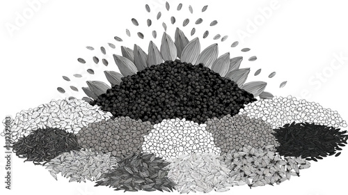 Abstract composition of diverse organic seeds and grains in distinct piles, representing harvest, healthy nutrition, and agriculture in grayscale.