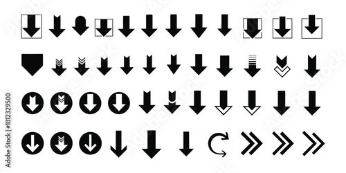 Collection of various black arrow symbols isolated on white background