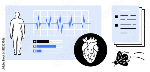 Heartbeat graph, detailed human heart, bar charts, person outline, papers, and insect. Ideal for healthcare, diagnostics analysis biology medical reports research health technology. Simple flat