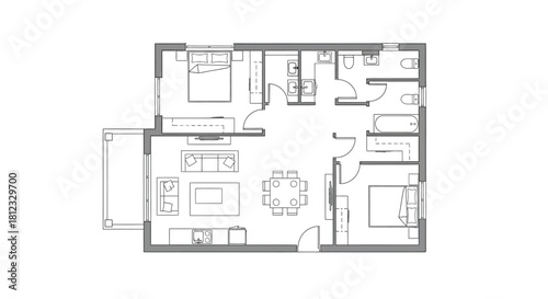 Detailed two bedroom apartment floor plan with modern layout and features