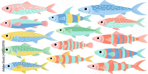 A vibrant collection of colorful fish swimming together, each with unique patterns and hues, creating a lively underwater scene isolated on