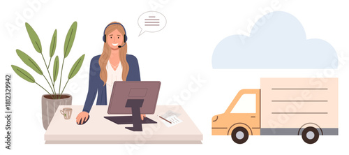 Woman at desk with headset using computer, small delivery truck, cloud icon, potted plant, and coffee. Ideal for logistics, customer service, cloud computing, e-commerce online order management
