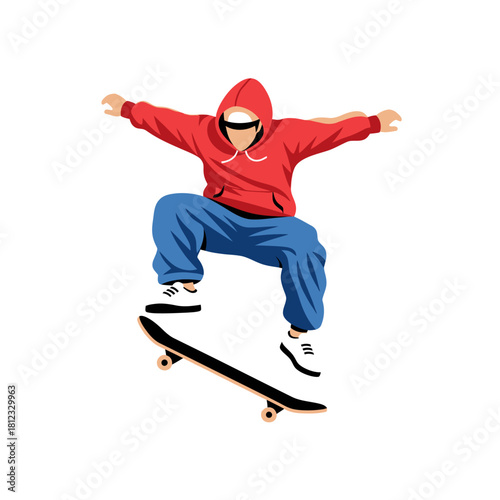 Young man in red hoodie performing skateboard trick mid-air.