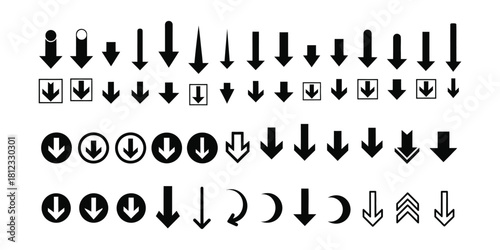 Collection of diverse arrow symbols pointing downwards isolated on white background