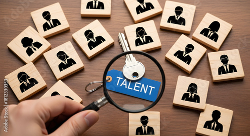 Hand holding magnifying glass over talent key and wooden blocks with people icons representing human resources and talent acquisition on a wooden background for recruitment concept