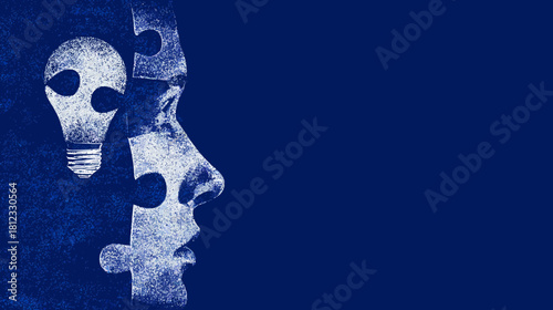 Mind puzzle with lightbulb idea: Conceptual image of creative thinking, problem-solving, innovation, and strategic solutions on blue background.