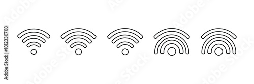 Five wifi signal strength indicators isolated on white background, from weak to strong