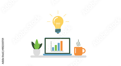 Bright idea for business success, laptop showing growth chart with coffee and plant, conceptual graphic, inspiration and creativity for modern entrepreneurs