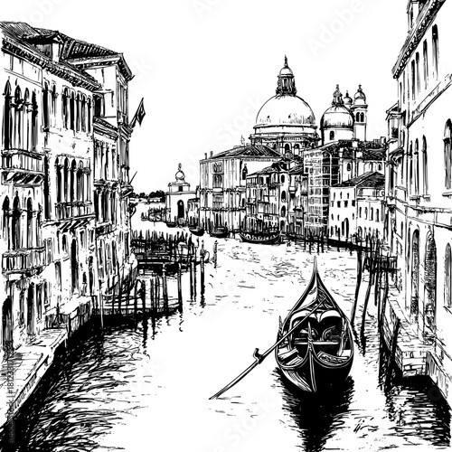 Intricate black and white sketch of a venetian canal scene
