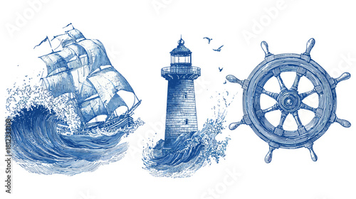 Vintage blue nautical marine set with sailing ship on stormy waves, lighthouse, and ship's wheel, classic engraving illustration