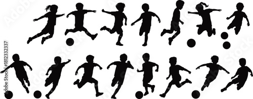 PrintLarge Black Silhouette Vector Collection of Young Boys and Girls Playing Soccer, Kicking, Running, and Engaging in Youth Football