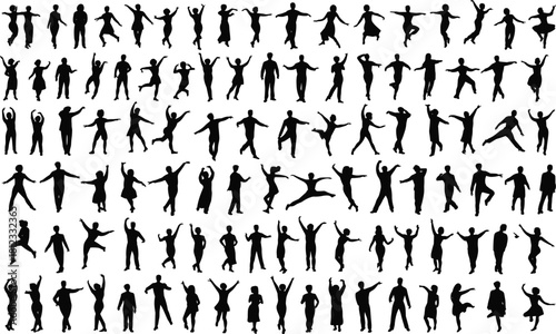 PrintLarge collection of dancing silhouettes showing various poses and movements, black figure illustration representing creativity, choreography, performance art, motion and expressive dance