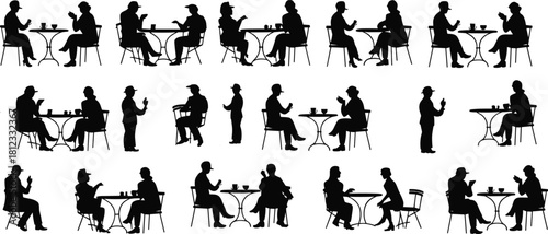 PrintLarge Collection of Black Silhouettes of People Sitting at Small Café Tables Using Smartphones, Chatting, and Drinking Coffee on White