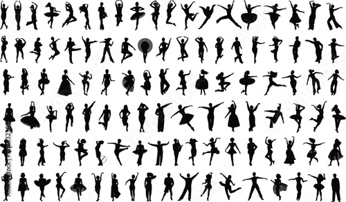 PrintLarge collection of diverse dancing silhouettes showing various poses and movements, artistic black figure illustration for creativity, performance, choreography, and dance concepts