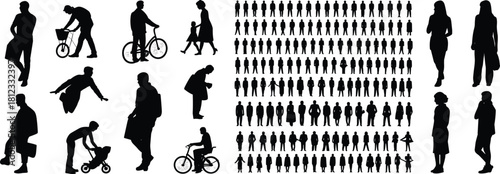 PrintLarge Mega Vector Silhouette Collection of Crowds, Business People, and Individuals Cycling, Walking, and Pushing Strollers for Urban Design