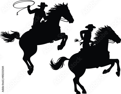 PrintSilhouette cowboy riders on rearing horses performing dynamic lasso action, western rodeo illustration, wild west artwork showing dramatic equestrian motion