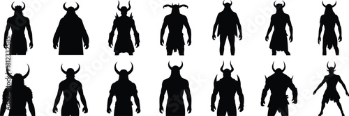 PrintSilhouettes of horned warrior characters, dark fantasy demon figures, mythical creature designs, powerful barbarian shapes, isolated black silhouettes for concept art