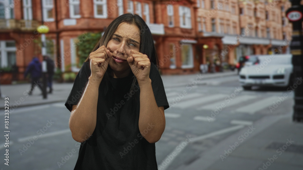 Fototapeta premium Young hispanic woman rubbing her eyes and pulling her cheeks on a city street crosswalk, standing outdoors; sadness fatigue.