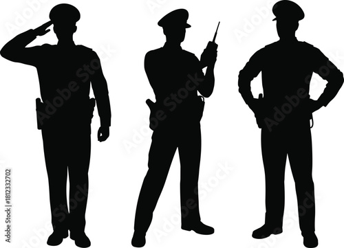 PrintSilhouettes of three police officers standing in different poses including salute, communication, and authority stance, ideal for security design and illustration use