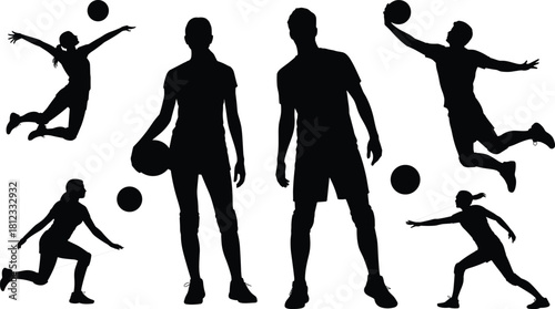 PrintVolleyball players silhouettes vector set, featuring men and women spiking, jumping, and receiving in dynamic poses, representing sports, competition, and athleticism.
