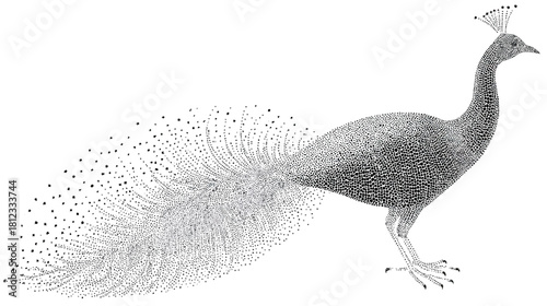 Vintage Black and White Peacock Illustration - Elegant Engraving Style Peafowl Drawing with Ornate Tail Feathers