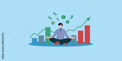 Man meditating amidst growing financial charts and falling money