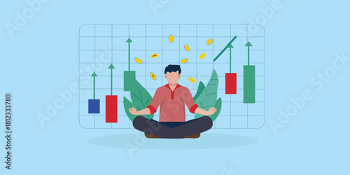 Man meditating calmly amidst financial growth and falling coins