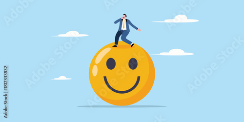 Businessman standing on top of a giant smiley face