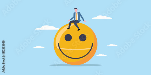 Businessman sitting on a giant happy face symbol
