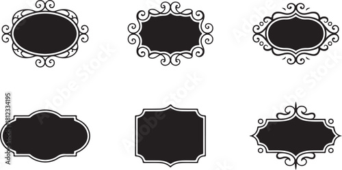 Collection of Six Ornate Decorative Black Frames on White Background border vintage
