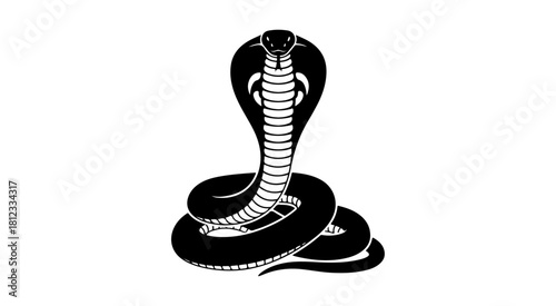 A powerful black cobra snake with a flared hood in a striking pose, presented as a minimalist vector icon. 029.ai style graphic illustration